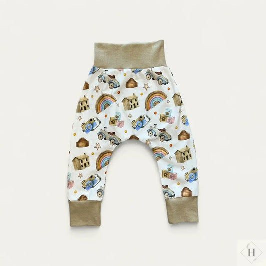 Håndlavede Baby Bukser Str. 86/92 - Blød Jersey med trælegetøj Louifax