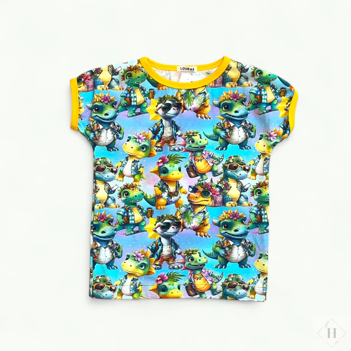 Håndlavet Børne T-shirt Str 116 - Blød Jersey med Party dinoer Louifax