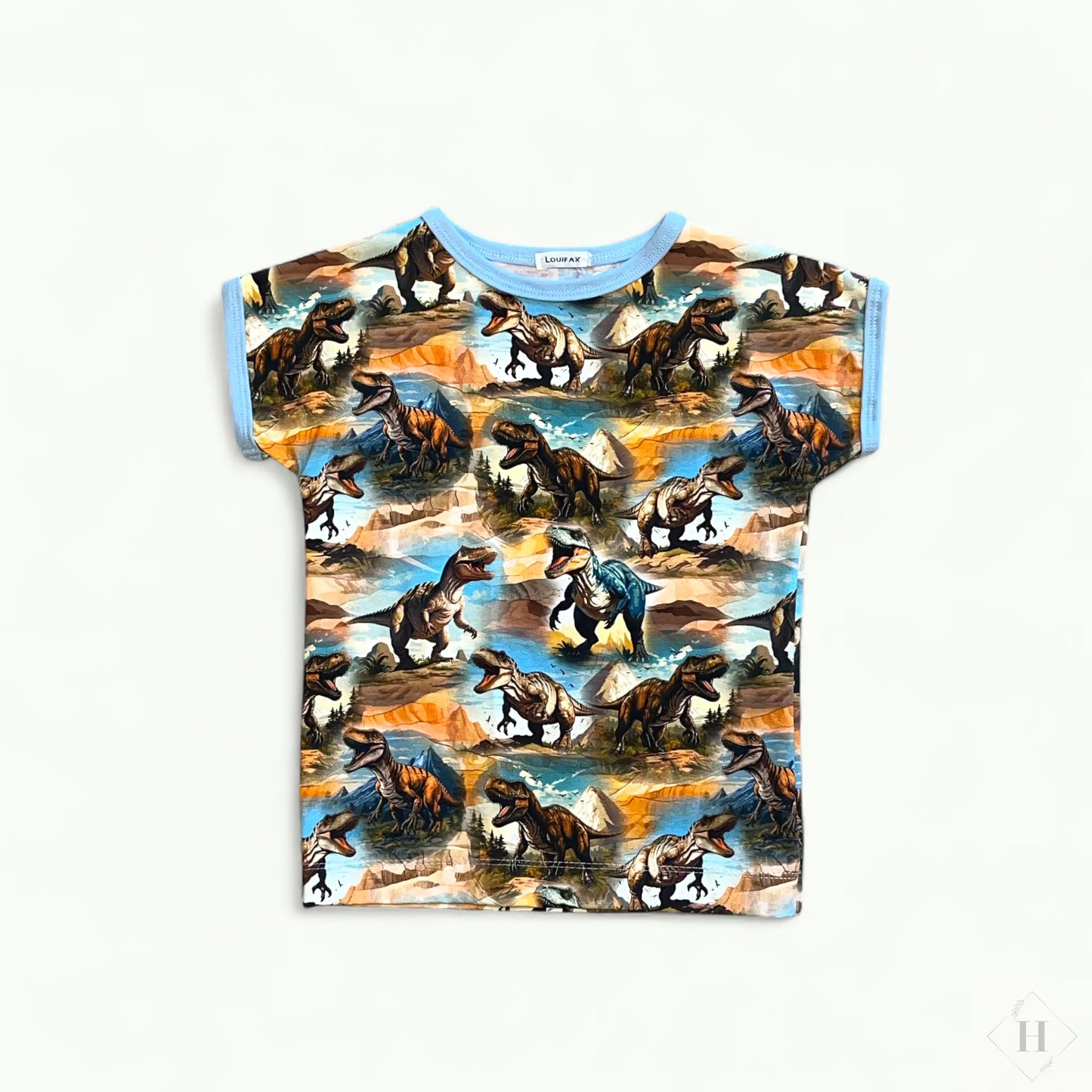 Håndlavet Børne T-shirt Str 110 - Blød Jersey med Dinosaur Louifax