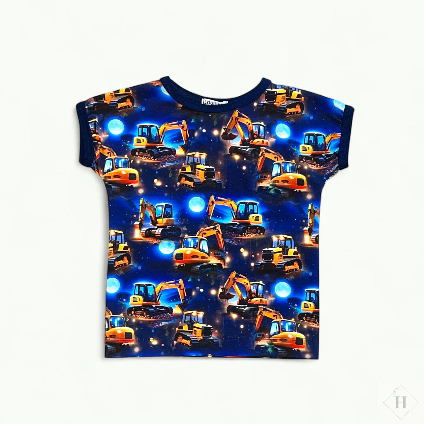 Håndlavet Børne T-shirt Str 98 - Blød Jersey med gravemaskiner Louifax