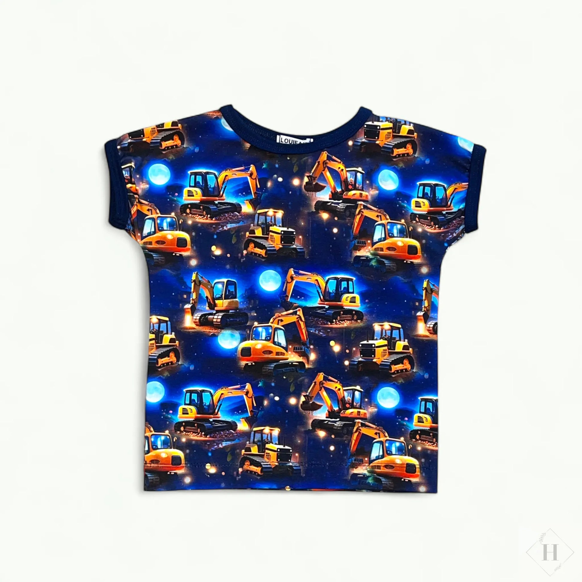 Håndlavet Børne T-shirt Str 98 - Blød Jersey med gravemaskiner Louifax