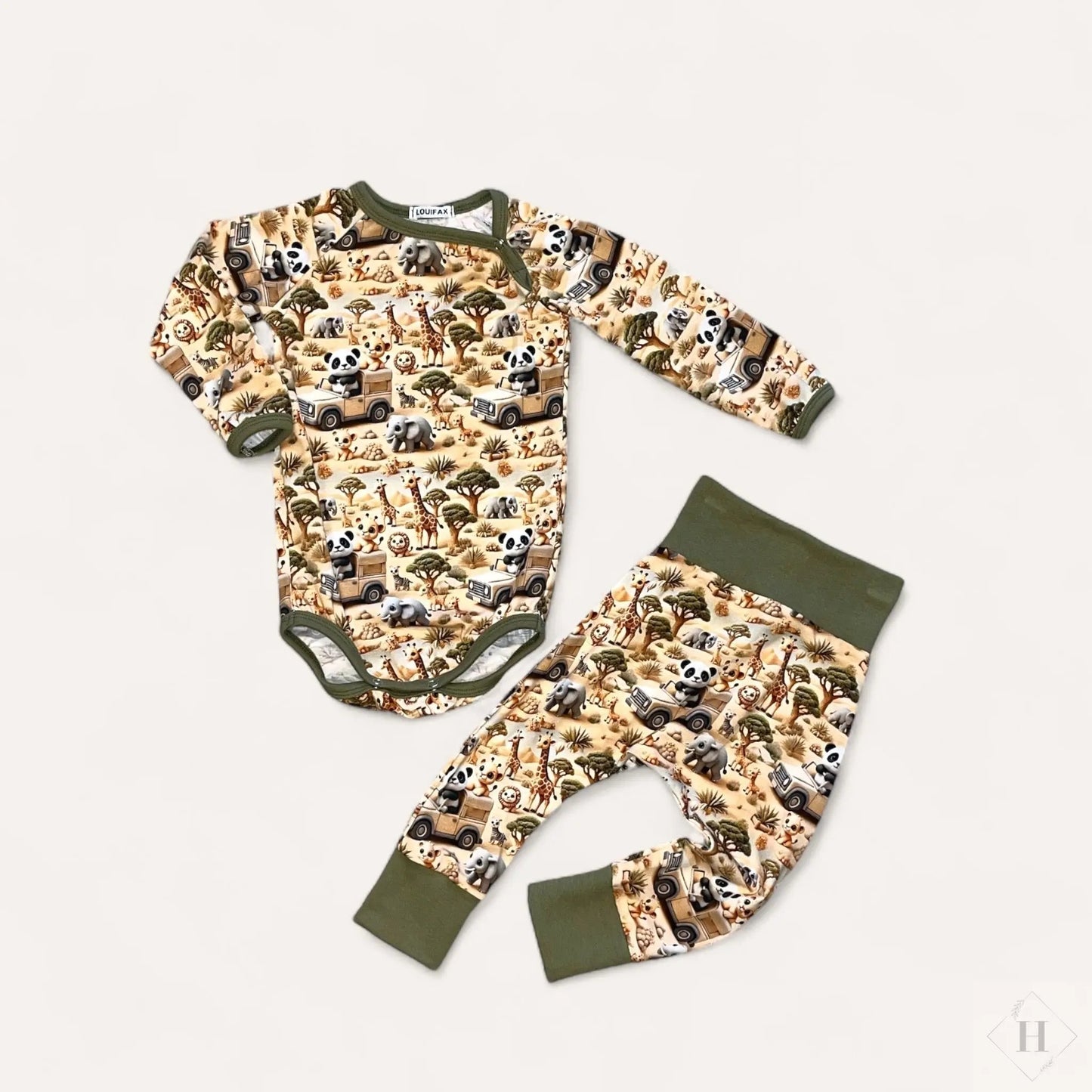 Håndlavet Baby Body og Bukser Str 80 - Blødt Jersey Sæt med baby Safari Motiv Louifax