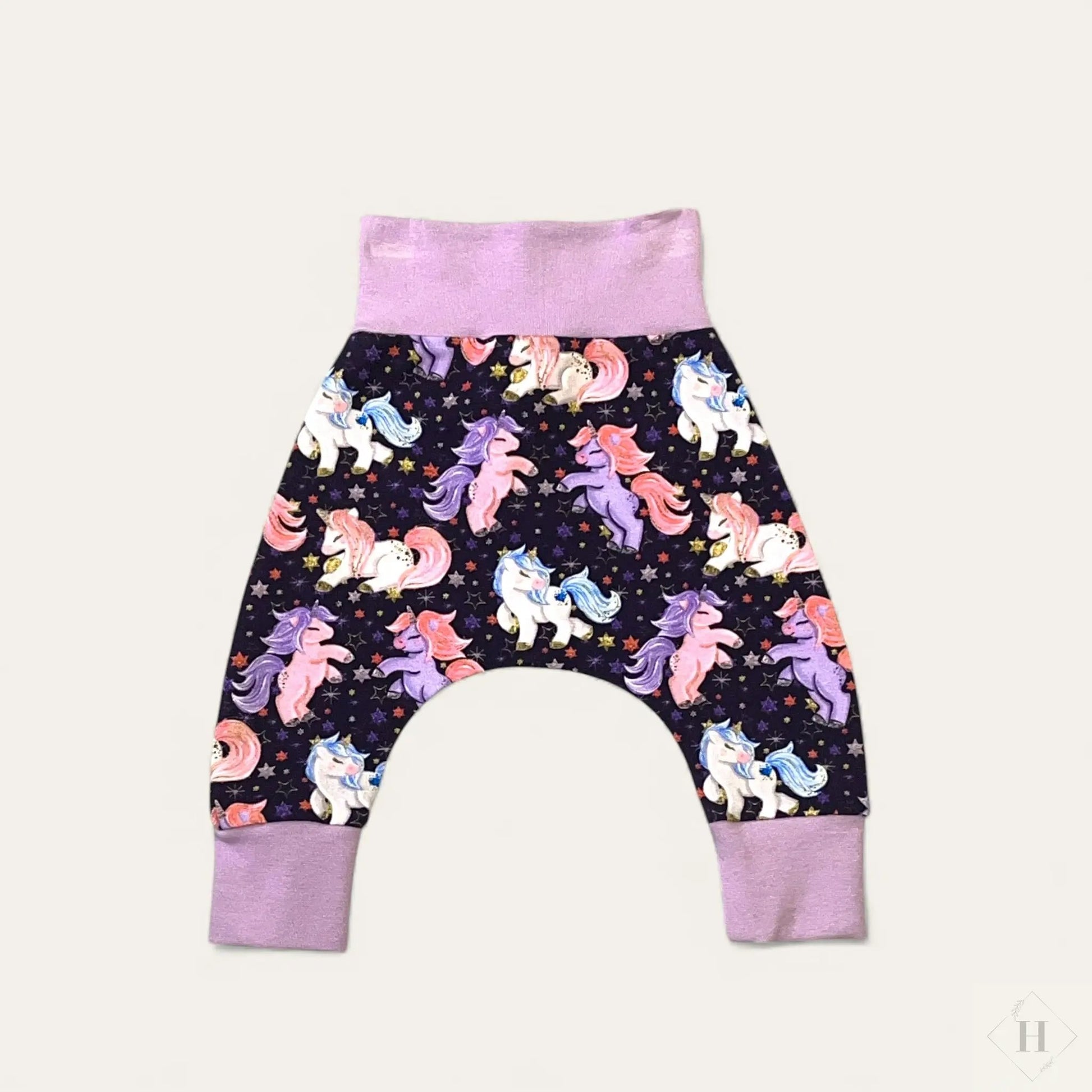 Håndlavede Baby Bukser Str. 56 - Blød Jersey med Lilla Enhjørning Louifax