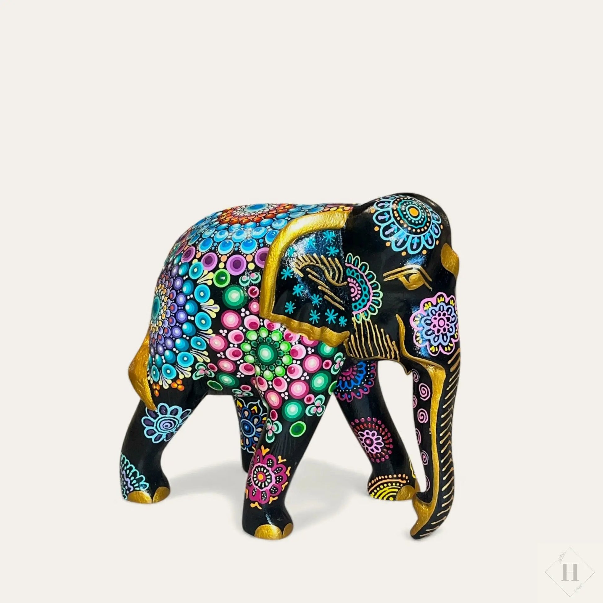 Mellem Dotart Malet Elefant - Genbrugs Træfigur Hånddekoreret Zenjasworld