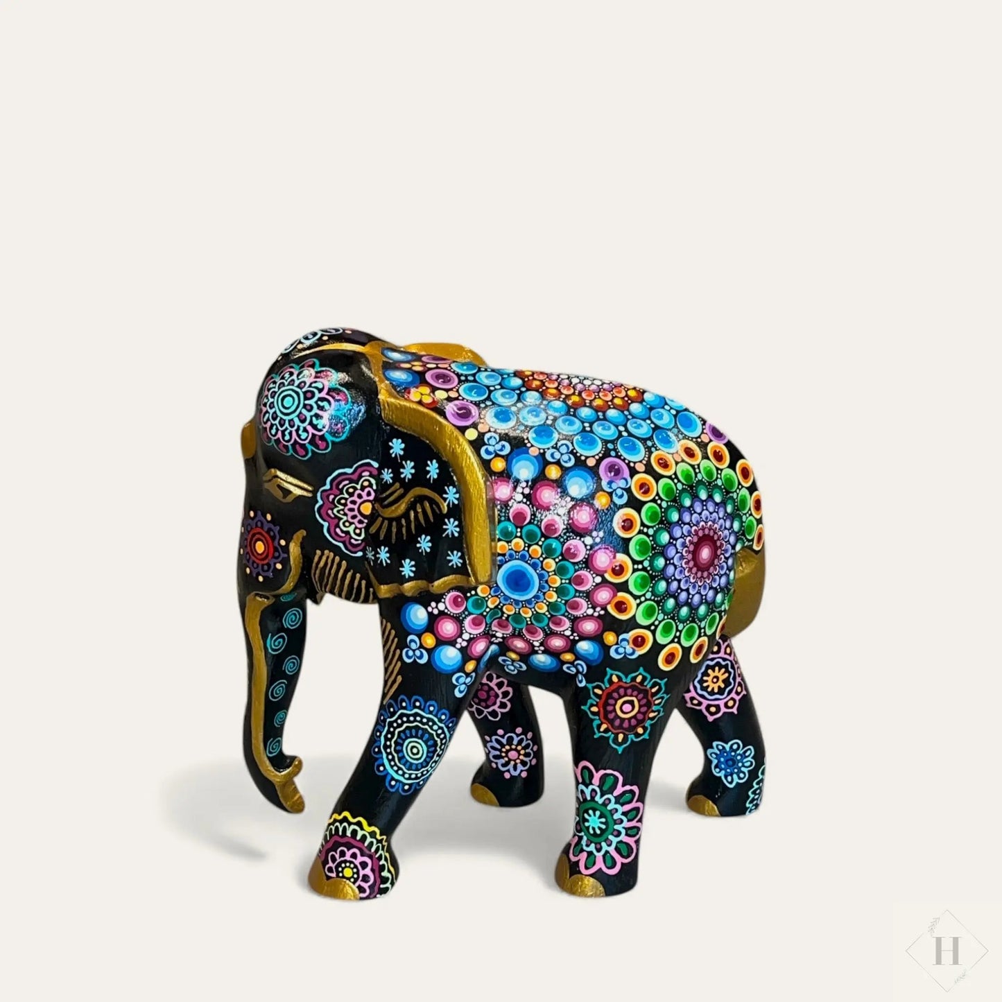 Mellem Dotart Malet Elefant - Genbrugs Træfigur Hånddekoreret Zenjasworld