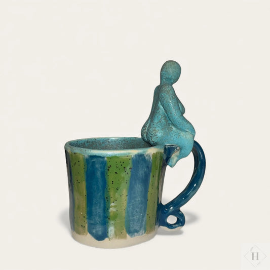 Krus med dame - grøn og blå striber Håndlavet af