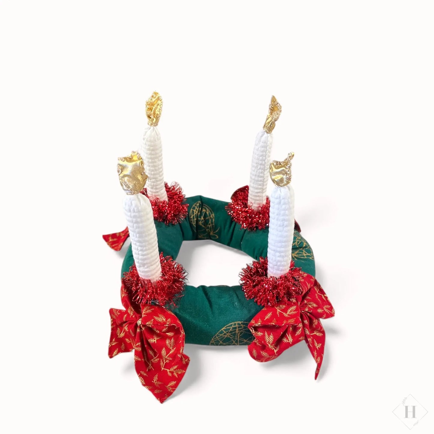 Håndlavet Syet Adventskrans - grøn med rød glimmer Irene Kokholm