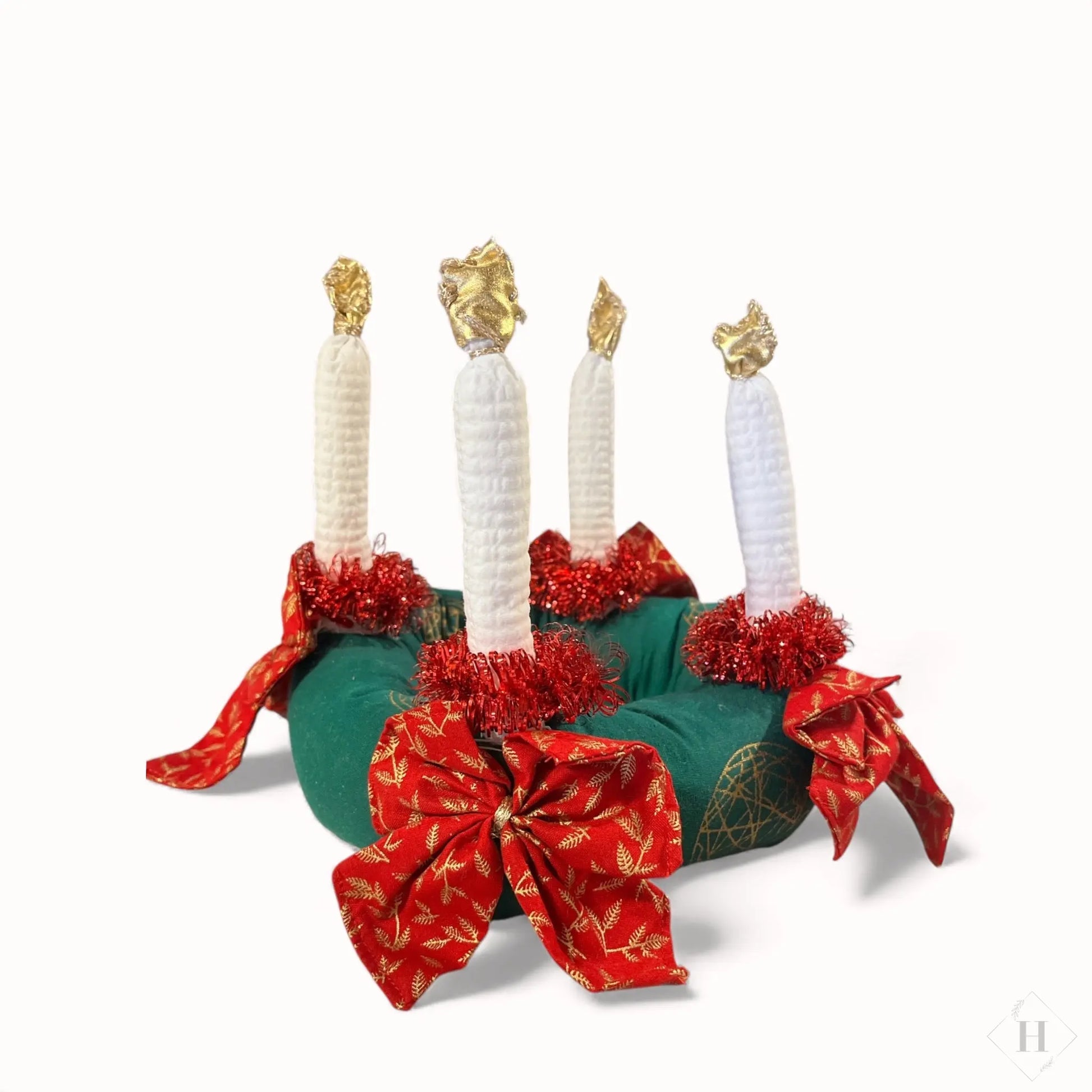 Håndlavet Syet Adventskrans - grøn med rød glimmer Irene Kokholm