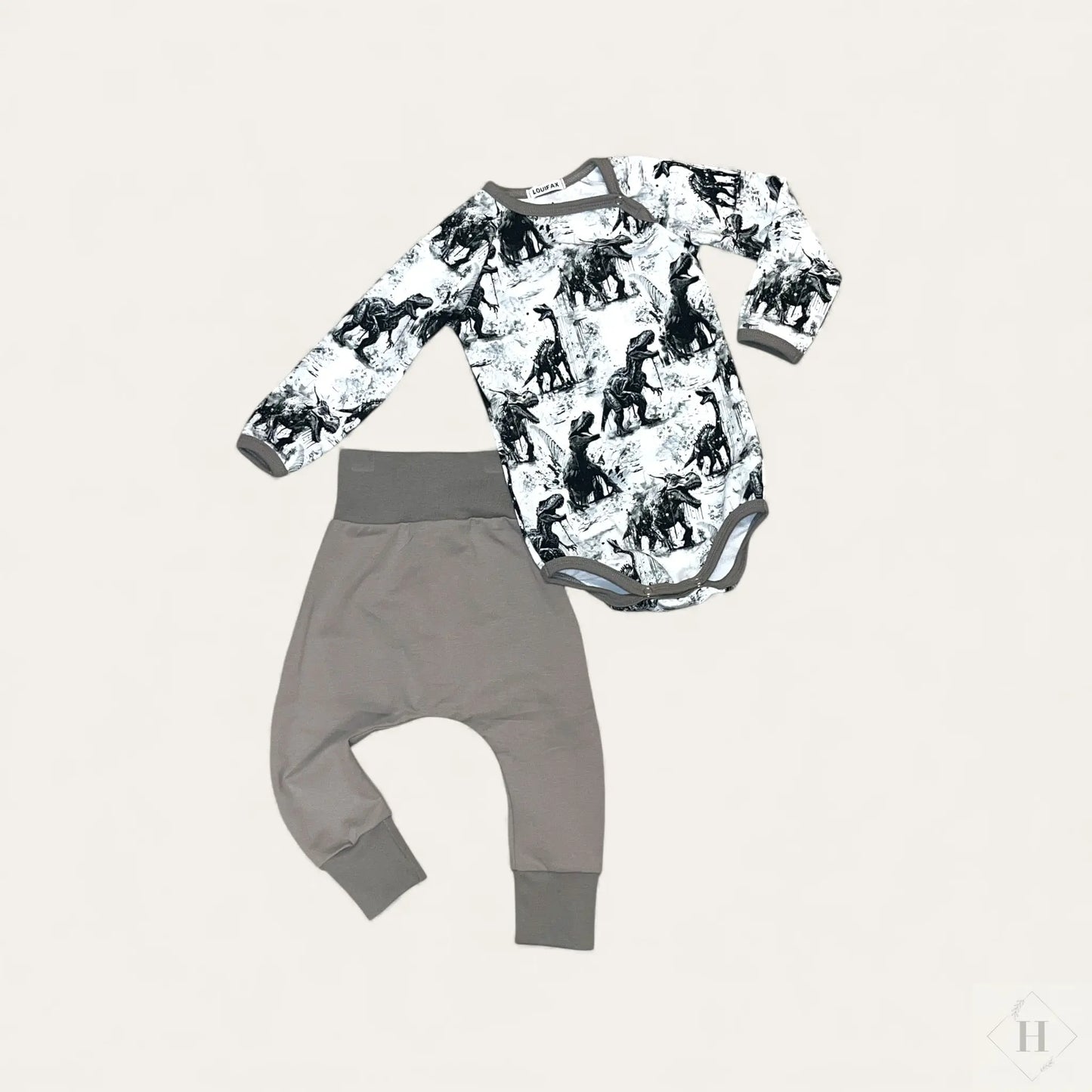 Håndlavet Baby Body og Bukser Str 80 - Blødt Jersey Sæt med sort hvid Dino Motiv Louifax