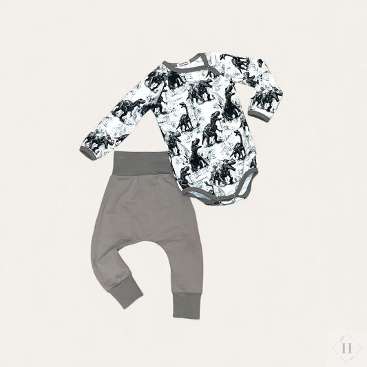 Håndlavet Baby Body og Bukser Str 80 - Blødt Jersey Sæt med sort hvid Dino Motiv Louifax