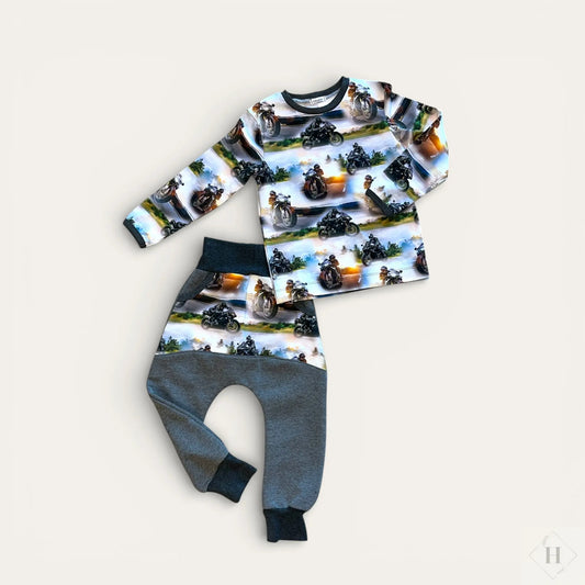 Håndlavet sæt trøje og Bukser Str 110 - Blødt Jersey og isoli Sæt med motorcykel Motiv Louifax
