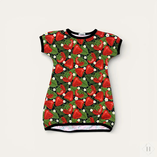 Håndlavet Kjole str. 98 (1-2 år) - Jersey Bomuld (jordbær) Louifax