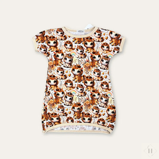 Håndlavet Kjole str. 98 (2-3 år) - Jersey Bomuld (gyldne enhjørninger) Louifax