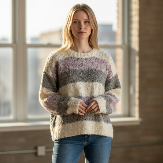 Strikket trøje i grå og rosa - Uld/akryl blanding