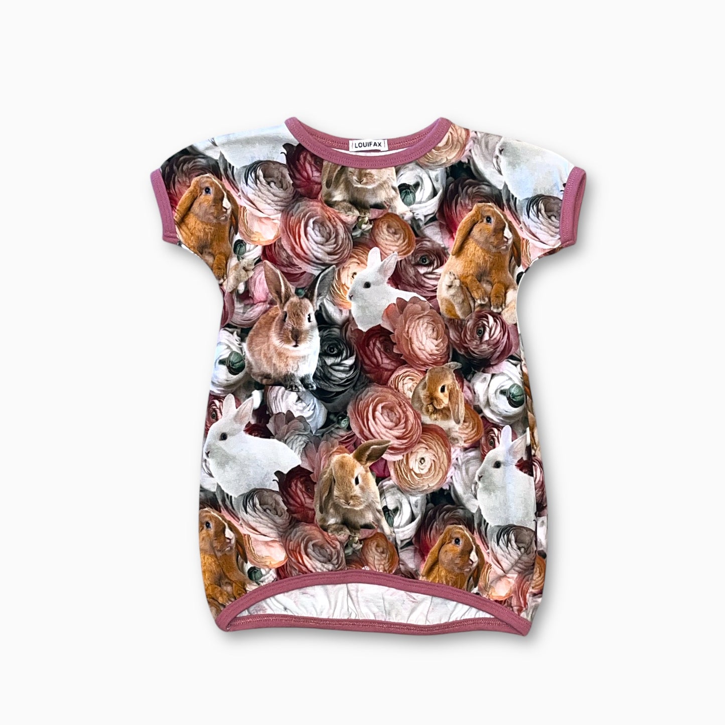 Håndlavet Kjole str. 98 (3-4 år) - Jersey Bomuld (kaniner og roser)