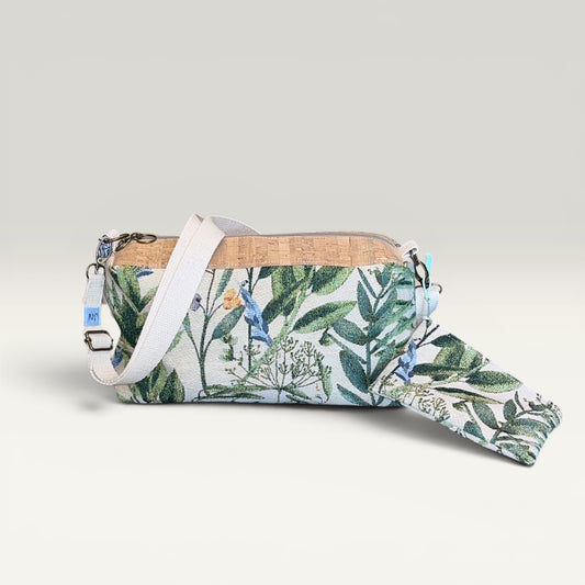 Håndlavet boxy crossbody-taske med pung – Kork & brokade med blade | Jnortheved