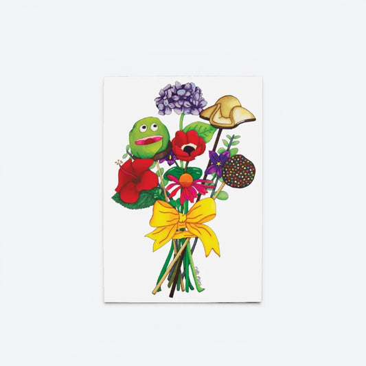 Håndtegnet kort – Buket med kager og blomster | Mette Mains