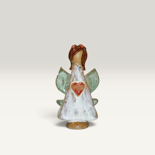 Keramikengel med MOR-hjerte og mintblå vinger – 12 cm | Charlottes Clayground