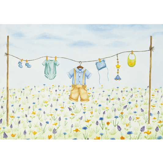 Barselskort med vasketøj - lyseblå Mette Mains