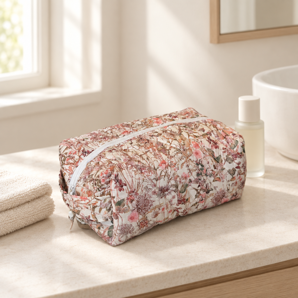 AI-genereret lifestyle-billede af kosmetiktaske med rosa blomster