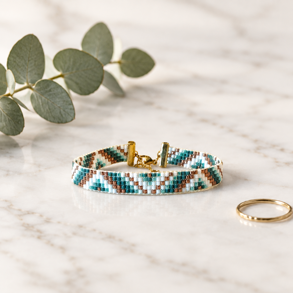 Armbånd zigzag teal hvid bronze Sara Engel – lifestyle
