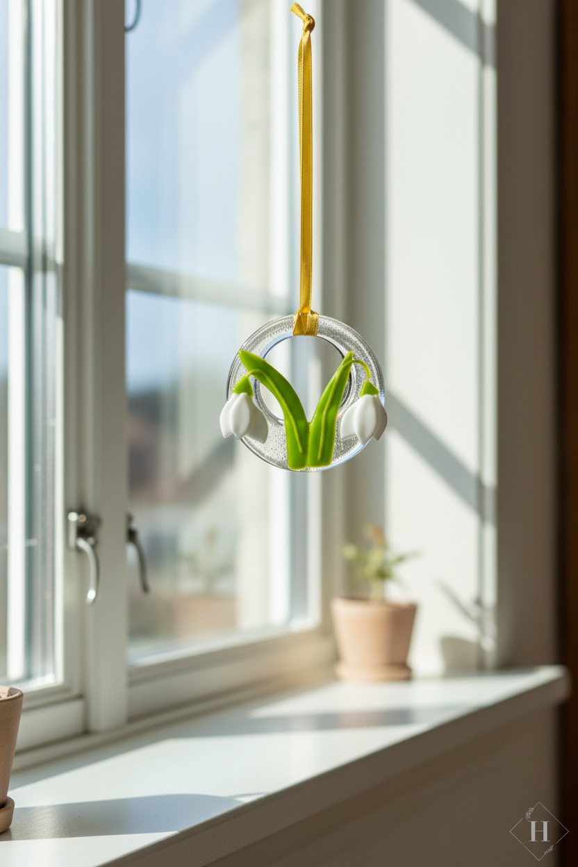 Glasophæng med vintergækker i vindue