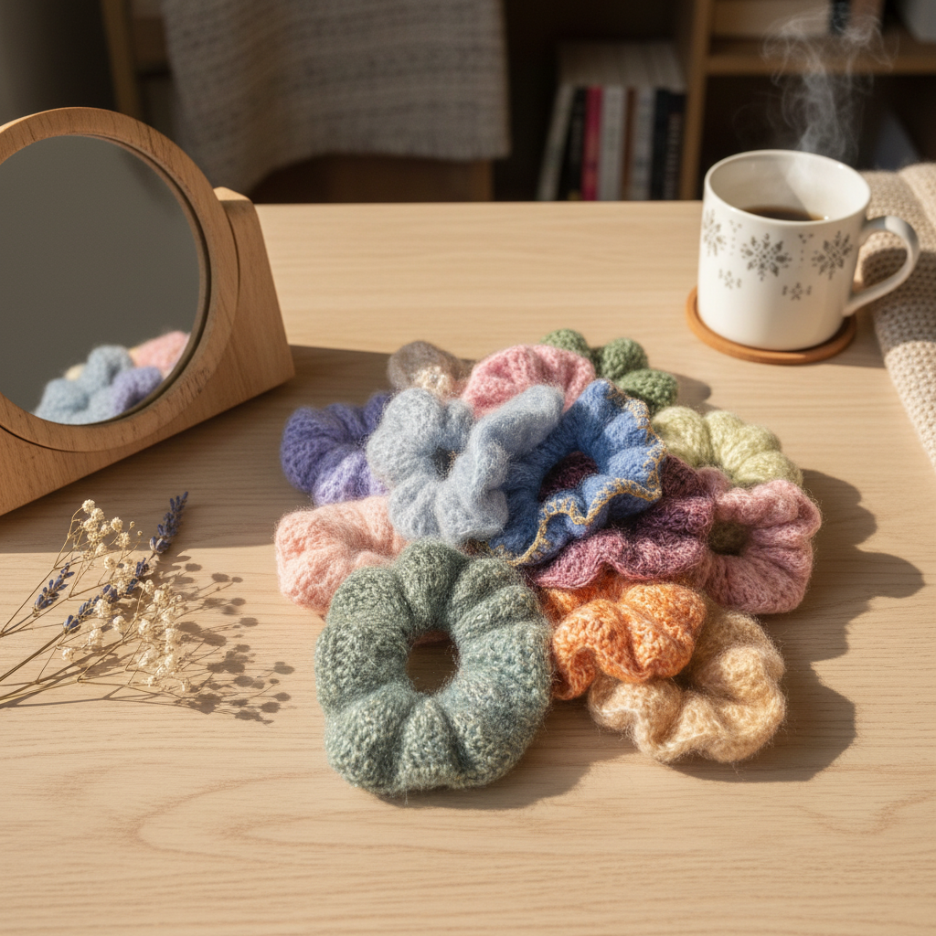 Hæklede scrunchies – flatlay