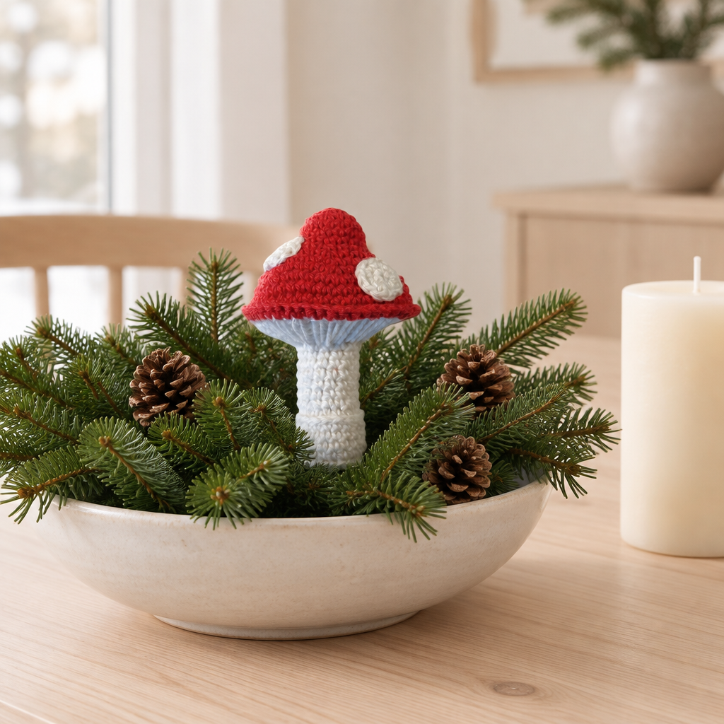 Hæklet fluesvamp i en juledekoration