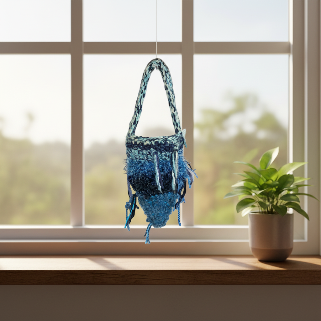 Hæklet kræmmerhus hængende i vindue med plante