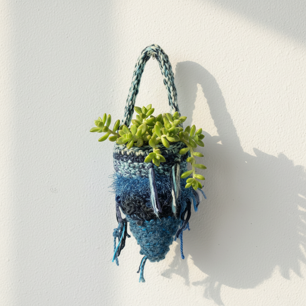 Hæklet kræmmerhus med plante indeni