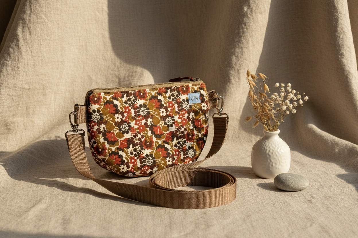 Håndlavet mini crossbody taske brune blomster – stylet