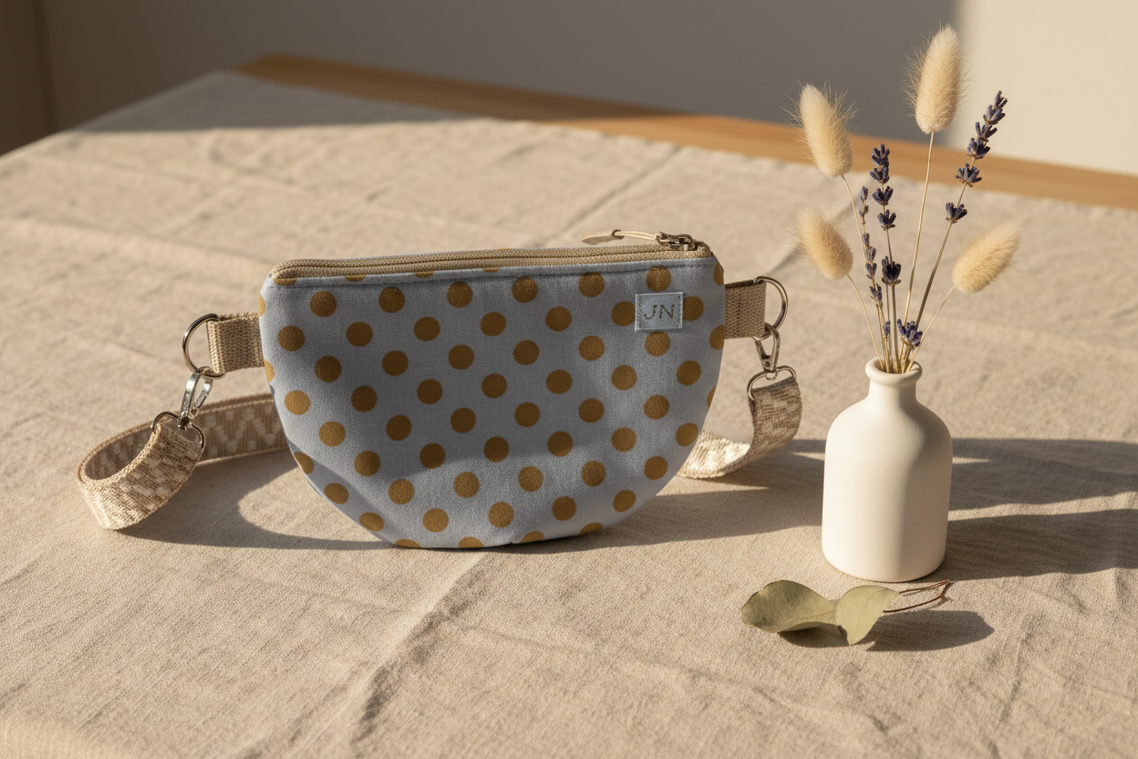 Håndlavet mini crossbody taske lyseblå prikker – stylet