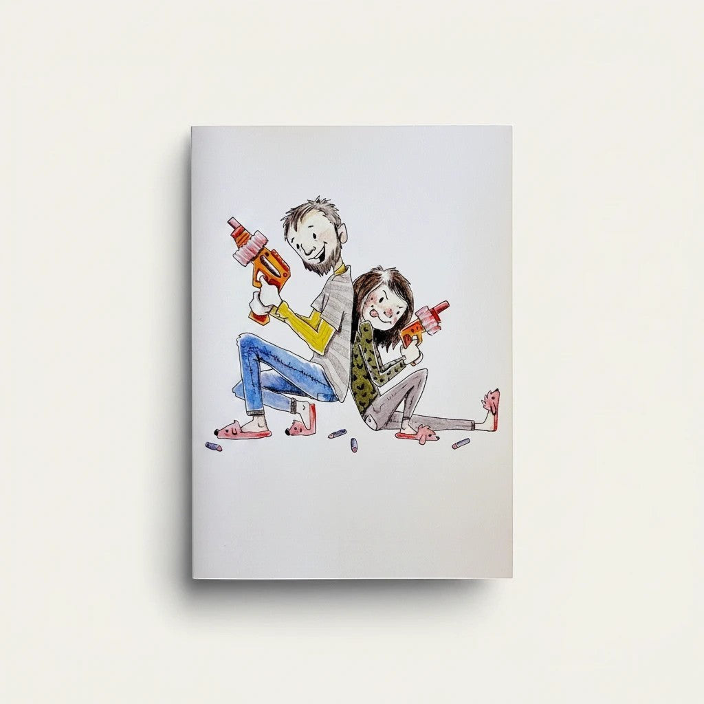 Håndlavet af A6 card featuring a father and child sitting back-to-back with Nerf guns, perfect for Father's Day.