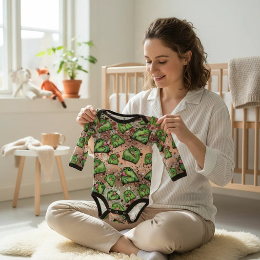 Håndlavet af baby body with long sleeves, featuring a playful green frog print on a brown background. Made of soft cotton.