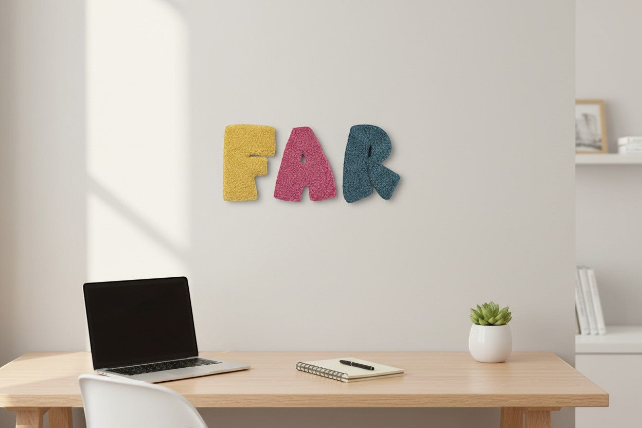 Håndlavet af yellow, pink, and blue tufted letters spelling FAR, 14cm wall decor.