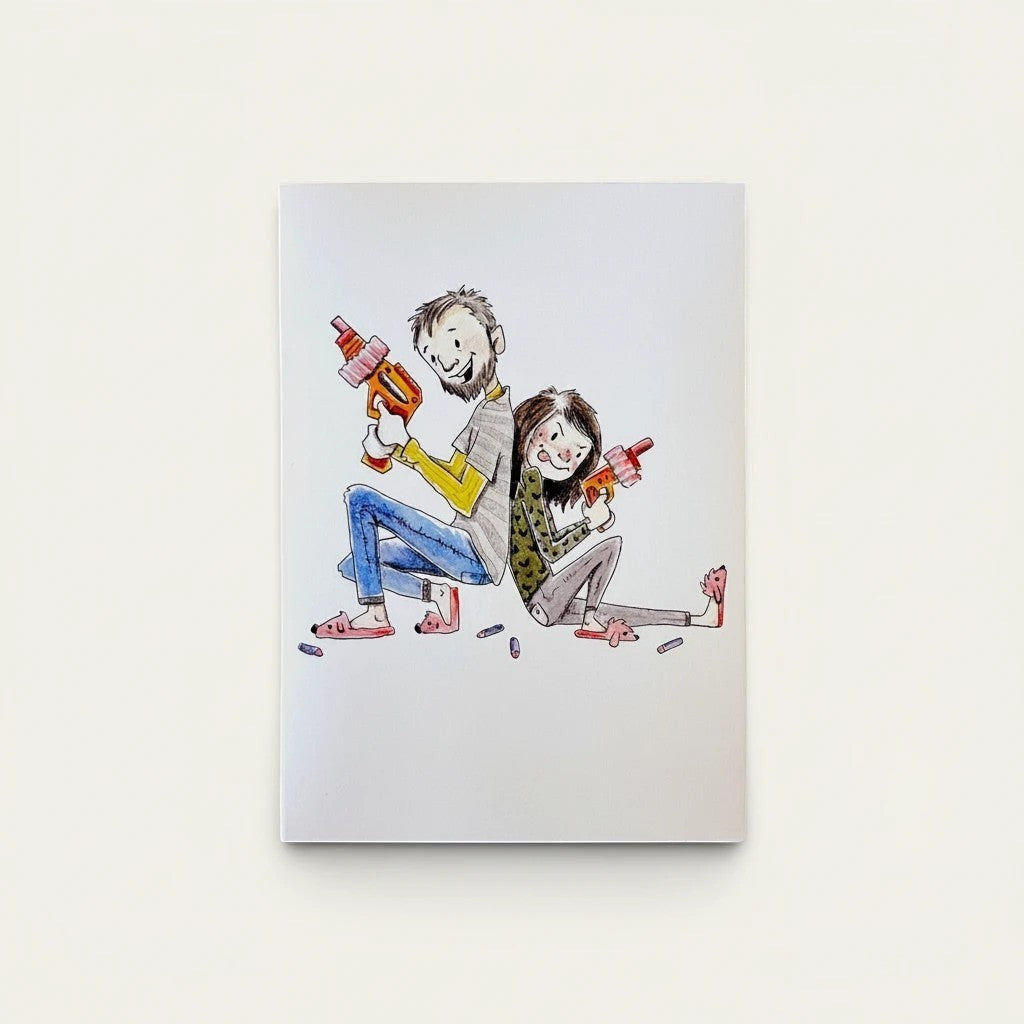 Håndlavet af A6 card featuring a father and child sitting back-to-back with Nerf guns, perfect for Father's Day.