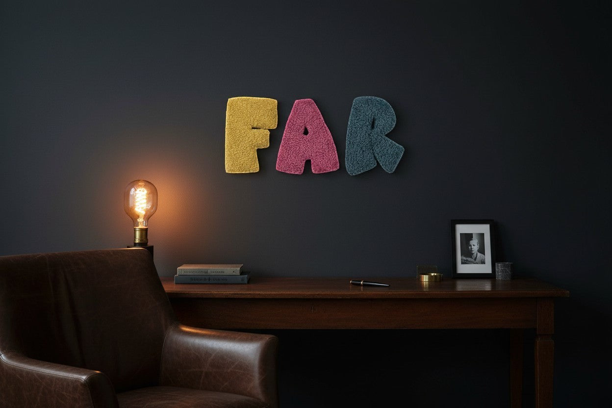 Håndlavet af yellow, pink, and teal tufted yarn letters spelling FAR, 14cm tall, wall decoration.