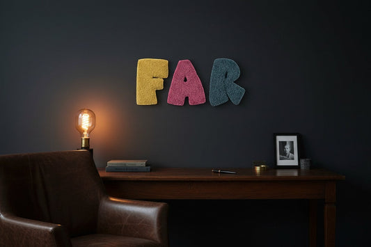 Håndlavet af yellow, pink, and teal tufted yarn letters spelling FAR, 14cm tall, wall decoration.