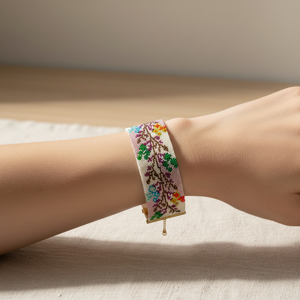Armbånd med botanisk mønster – håndlavet af Sara Engel