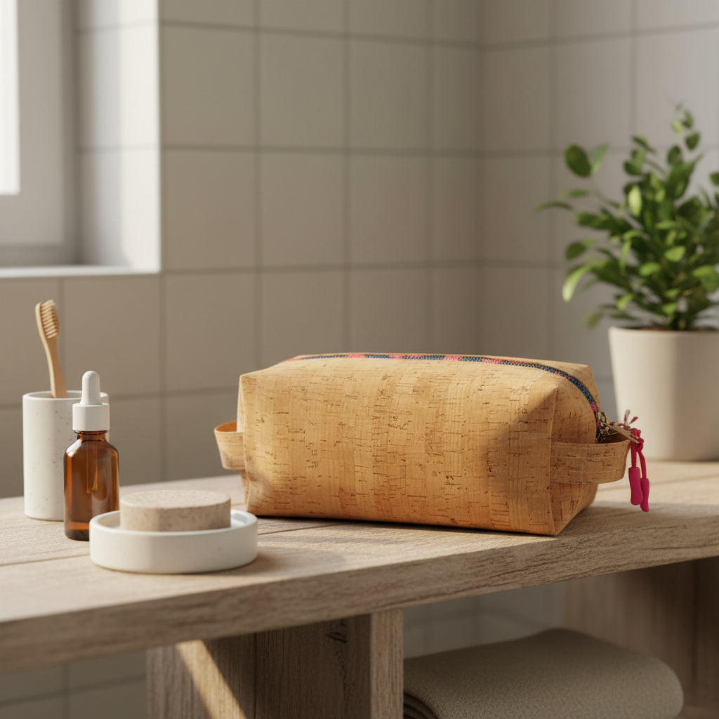 Håndlavet toilettaske i kork – farverig lynlås og pink trækker | Jnortheved
