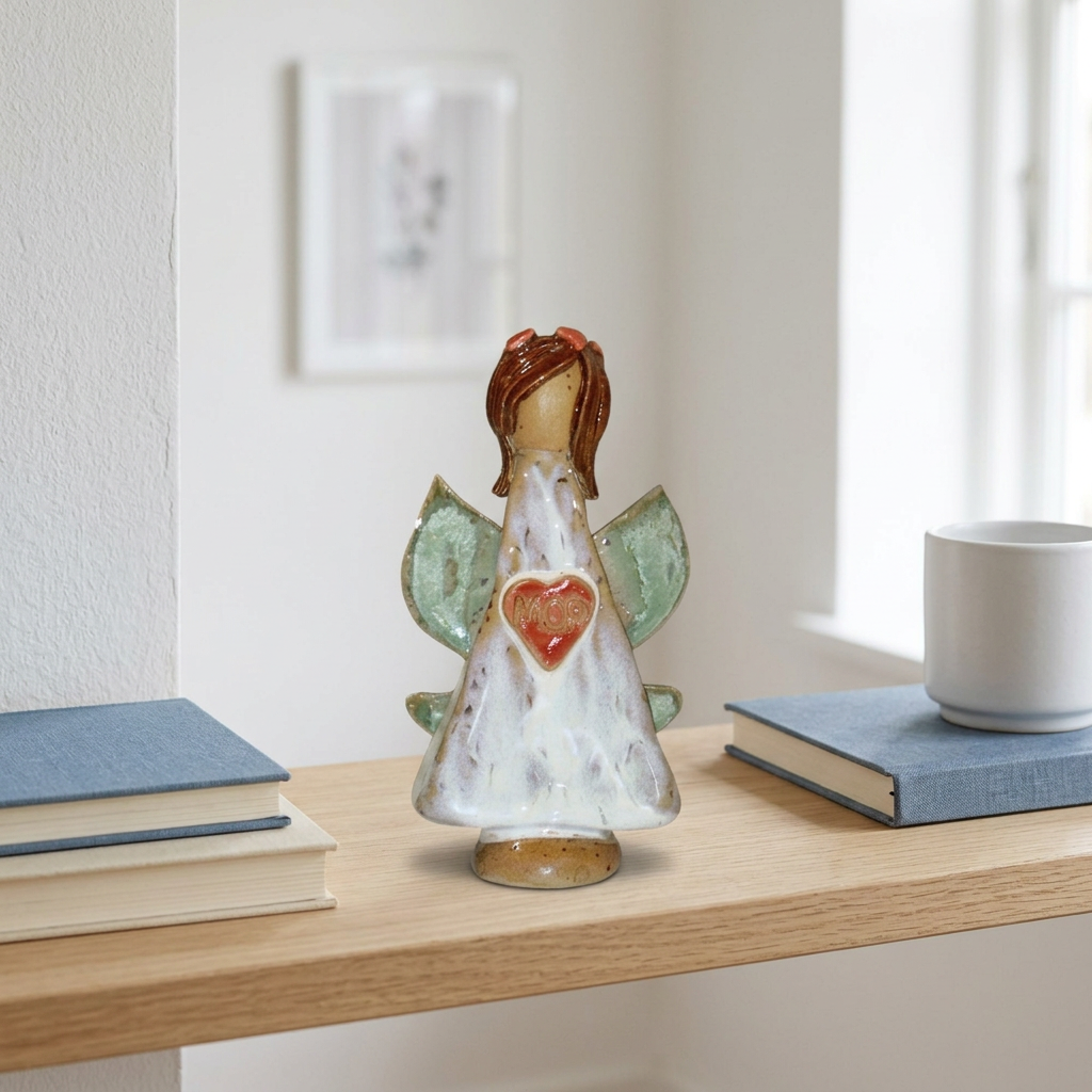 Keramikengel med MOR-hjerte og mintblå vinger – 12 cm | Charlottes Clayground