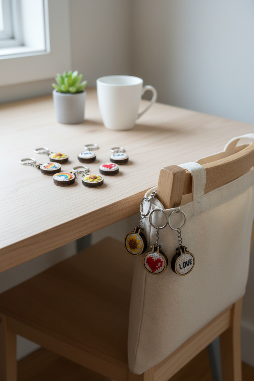 Mini broderet nøglering i træramme
