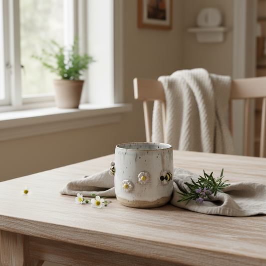 Krus uden hank – Blomster og bier | Håndlavet keramik af Clay by Hornstrup