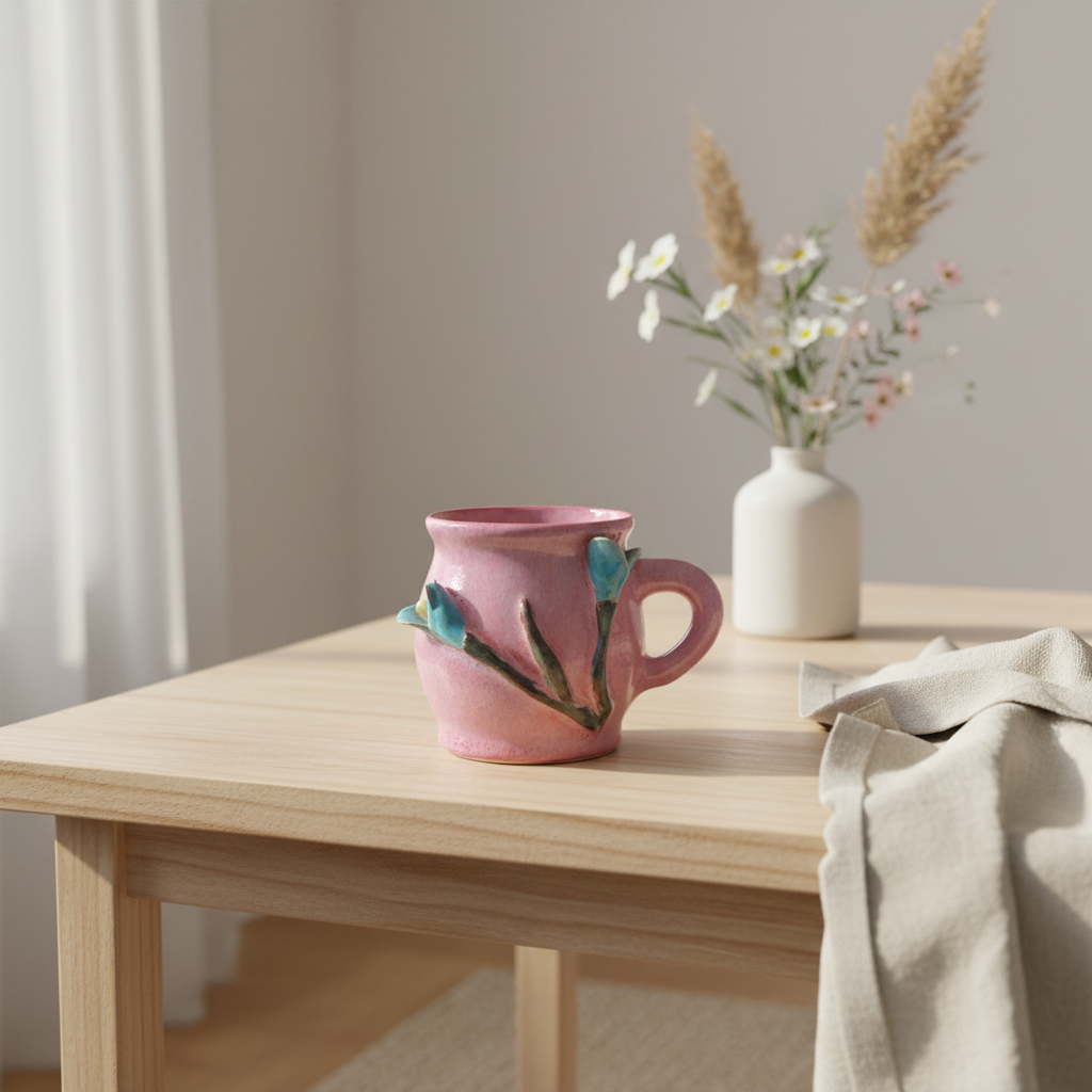 Krus med blomst – Flora, Lyserød med lyseblå blomst | RG Ceramic