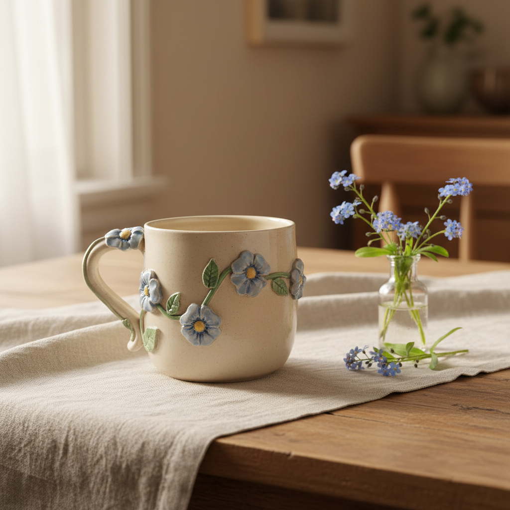Håndlavet keramikkrus med 3D-blomster i lyseblå og gul | Helle Zinn