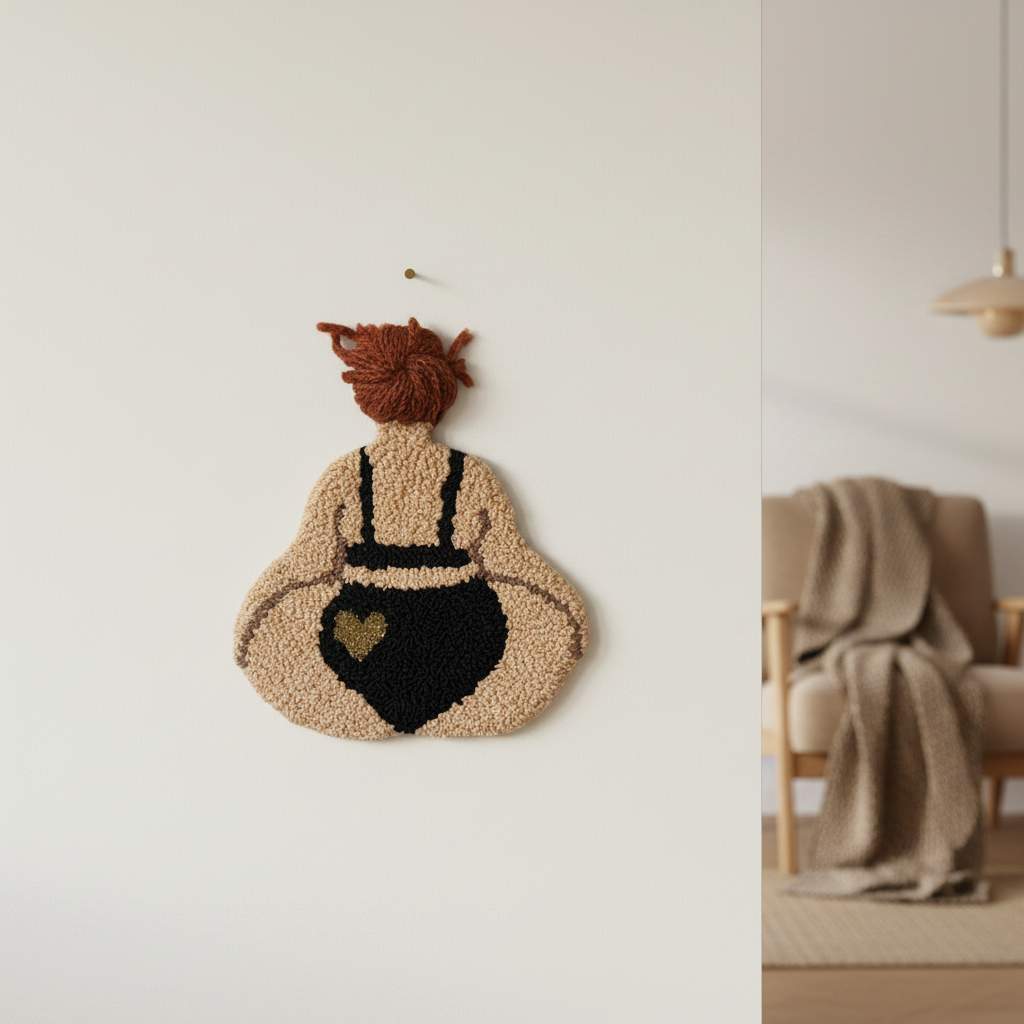 Tuftet vægophæng – badenymfe "Layan" i sort bikini med guldhjerte | Juks