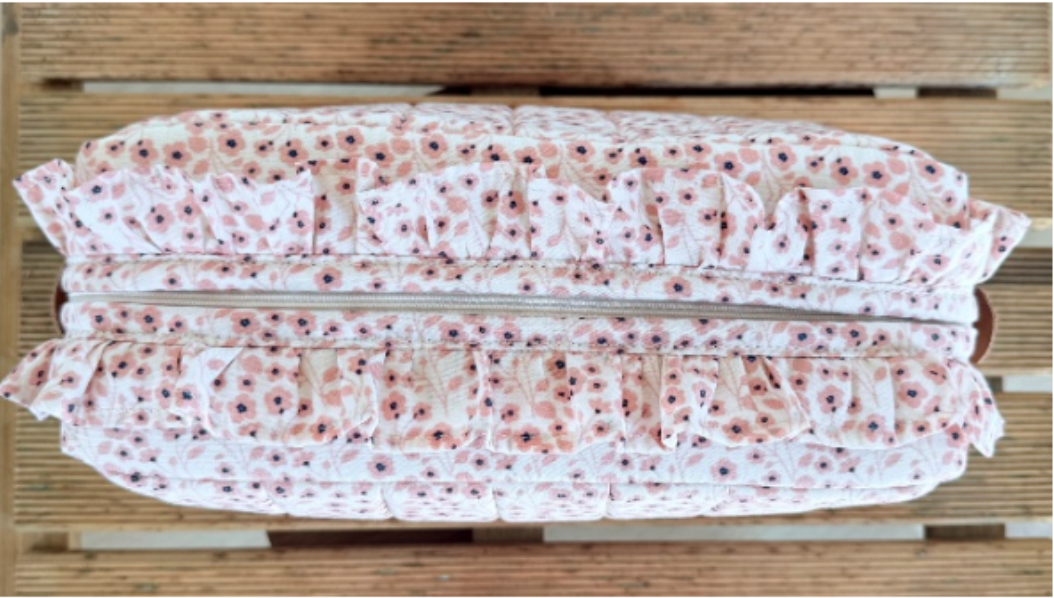 Eksempel på en færdig FlæseToiletTaske med rosa blomstermønster og flæser langs lynlåsen, set ovenfra. Produktet er en PDF-syvejledning, ikke en færdig taske.