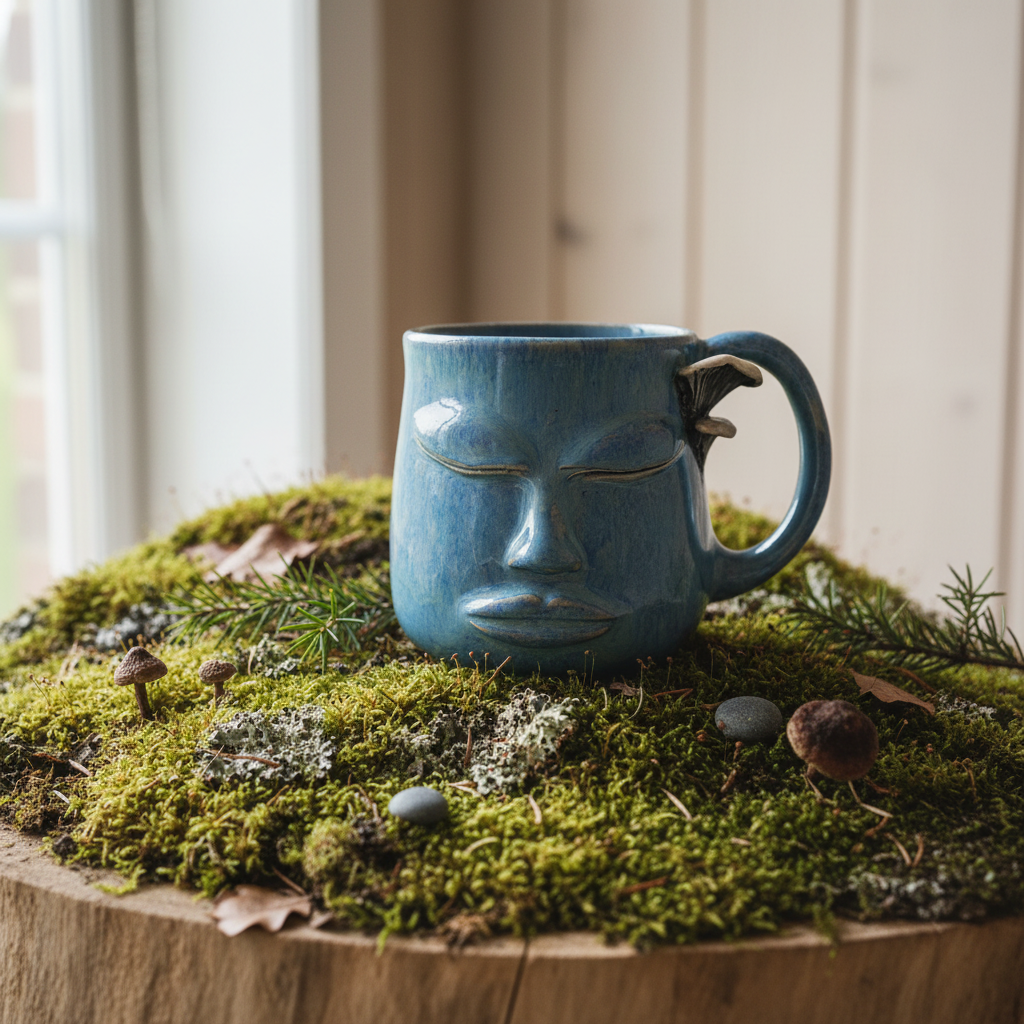 Krus med ansigt – Gaia, støvet blå med svampe | RG Ceramic