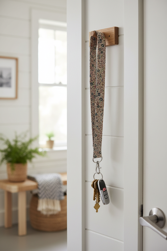 Keyhanger i stof med blomsterprint – små brune blomster | Håndlavet af Irene Kokholm