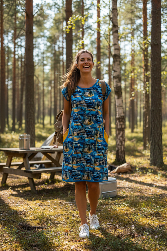 Kjole med campingvogne og skov – Bomulds jersey med lommer | Louifax
